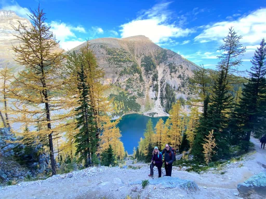 couple standing on mountain with larches in banff