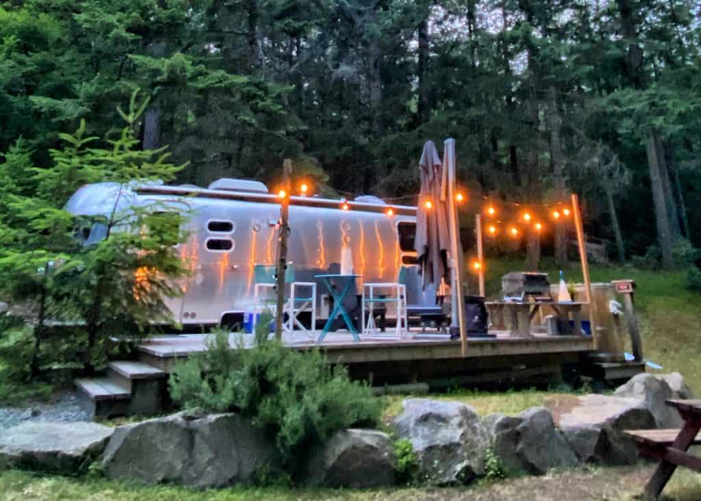 airstream at night at woods on pender
